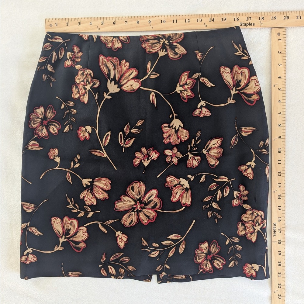 Ann Taylor Floral Pencil Skirt Black Red Beige Silk Blend Office Women's Sz 14